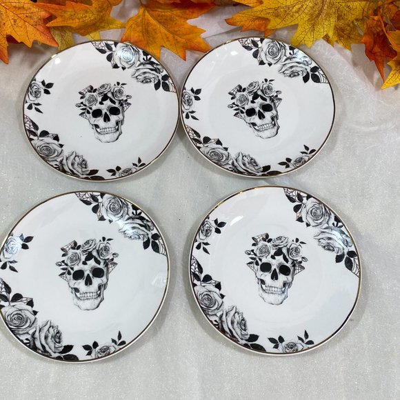 Other - Eton Fine Dinning Halloween Black Skull & Roses Gold Trim Appetizer Plates Set 4